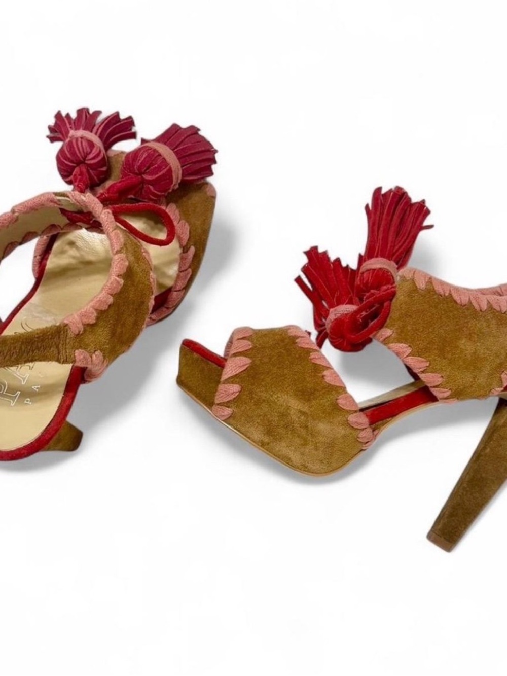 Suede Tassel Block Heel Sandals - Brown & Red